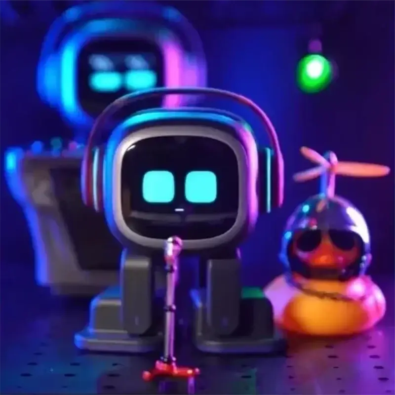 A sleek black ai smart companion robot toy with glowing cyan eyes and headphones on its head