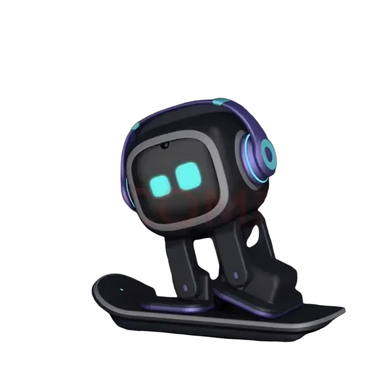 A sleek black ai smart companion robot toy with glowing cyan eyes and purple headphones sitting on a skateboard