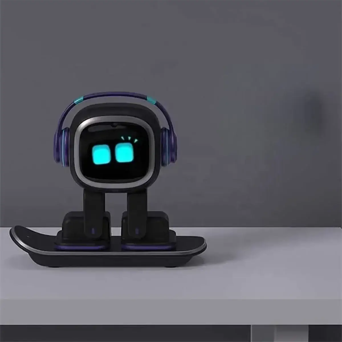 Ai smart companion robot toy is a sleek black robotic companion with glowing turquoise eyes and purple headphones on a charging base