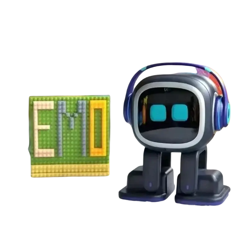 Ai smart companion robot toy featuring a sleek black and silver emo design with glowing turquoise eyes and purple headphones
