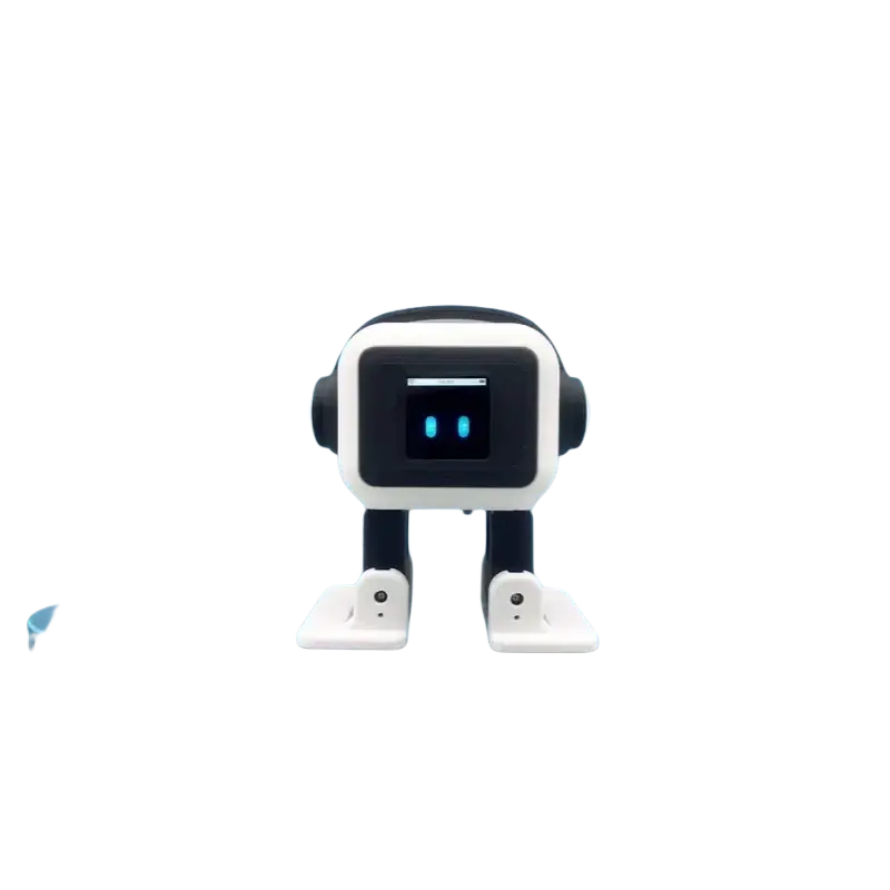 Ai smart companion robot toy in sleek white and black with glowing blue eyes on a futuristic platform