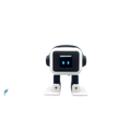 Ai smart companion robot toy in sleek white and black with glowing blue eyes on a futuristic platform