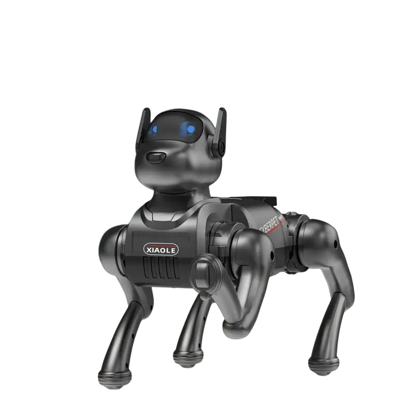 Ai smart robot dog interactive electronic pet with black metallic bionic design and glowing blue eyes