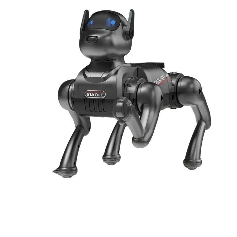Ai smart robot dog in black metallic with blue glowing eyes and articulated limbs as an interactive electronic pet