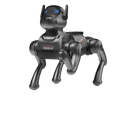 Ai smart robot dog interactive electronic pet with black metallic body, blue glowing eyes, and sleek articulated design