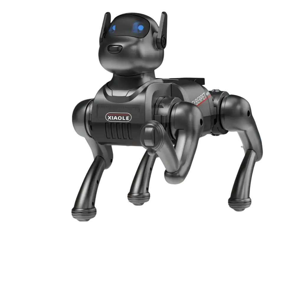 Ai smart robot dog interactive electronic pet with black metallic body, blue glowing eyes, and sleek articulated design