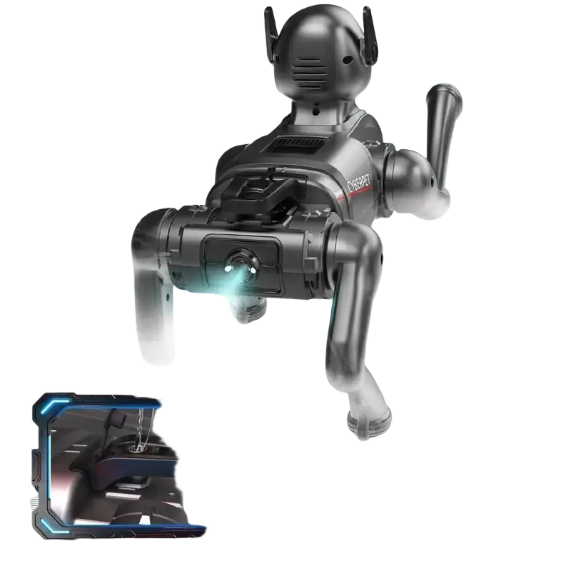 Black metallic xiaole ai smart robot dog with articulated limbs and glowing blue light for interactive electronic pet use