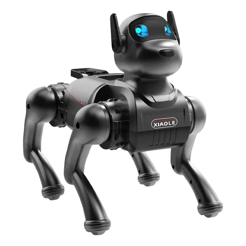 Ai smart robot dog with sleek black articulated design and glowing blue eyes featuring xiaole logo on chest