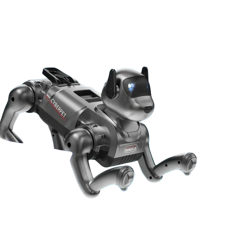 Silver metallic Ai smart robot dog with jointed limbs and black visor featuring xiaole branding on its side
