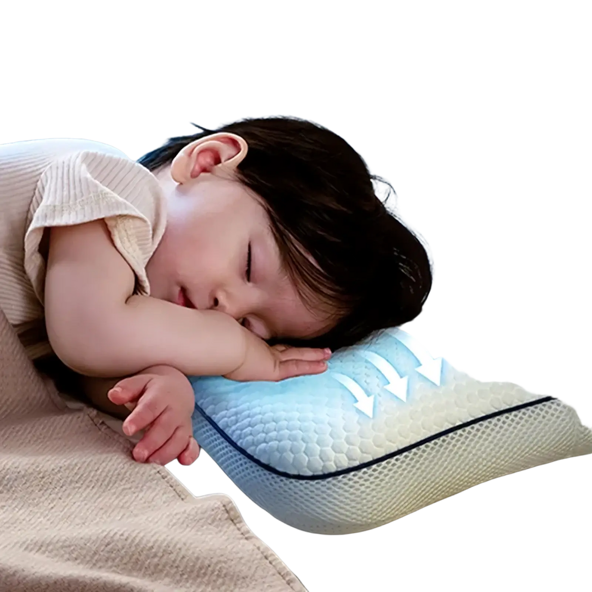 Aibedila orthopedic toddler neck pillow with light blue and white memory foam and breathable mesh edges