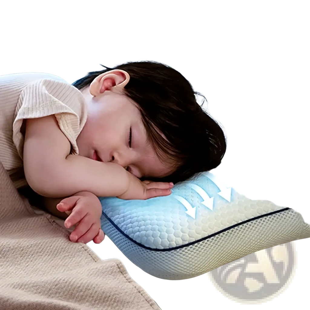 Aibedila orthopedic toddler neck pillow with light blue and white memory foam and breathable mesh edges