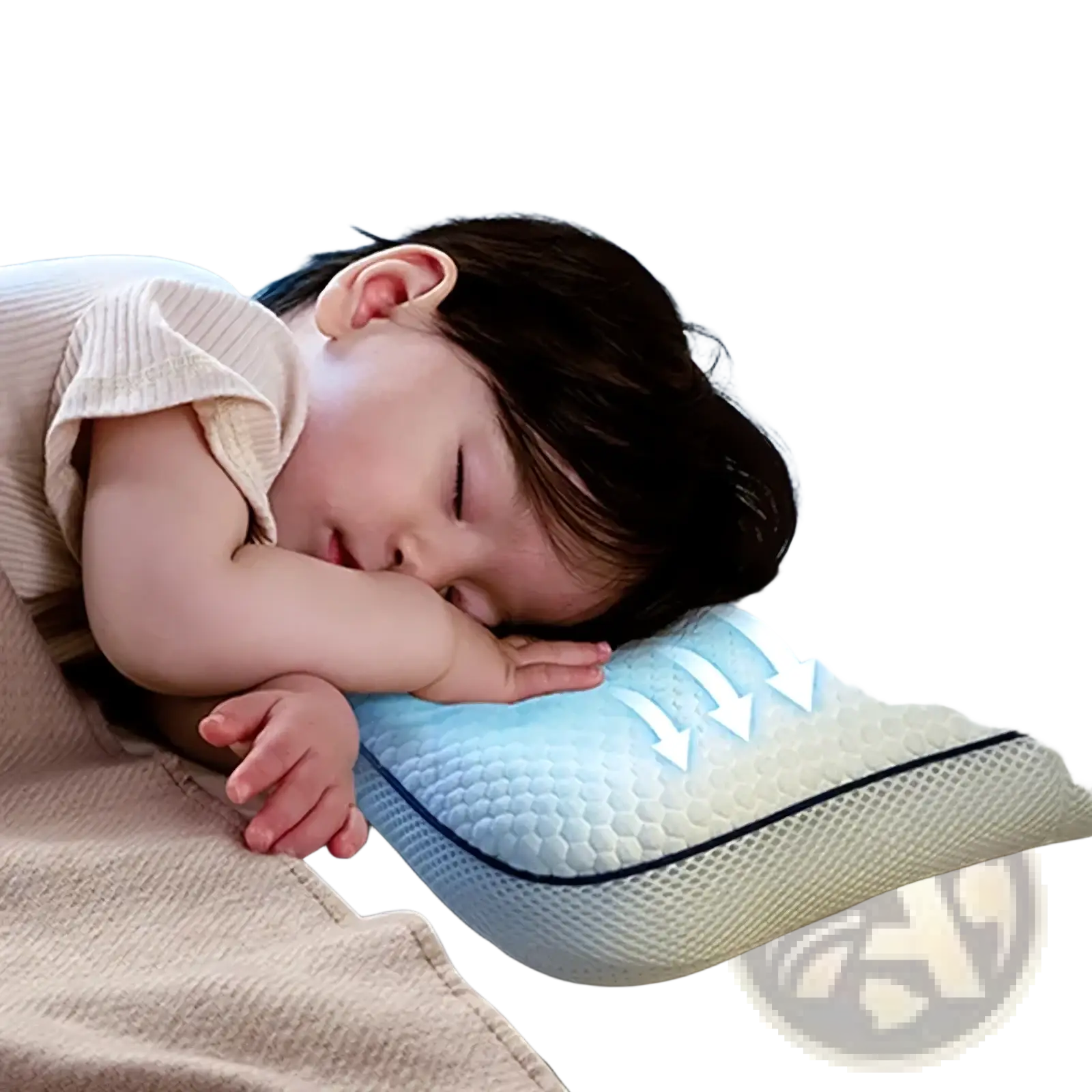 Aibedila orthopedic toddler neck pillow with light blue and white memory foam and breathable mesh edges