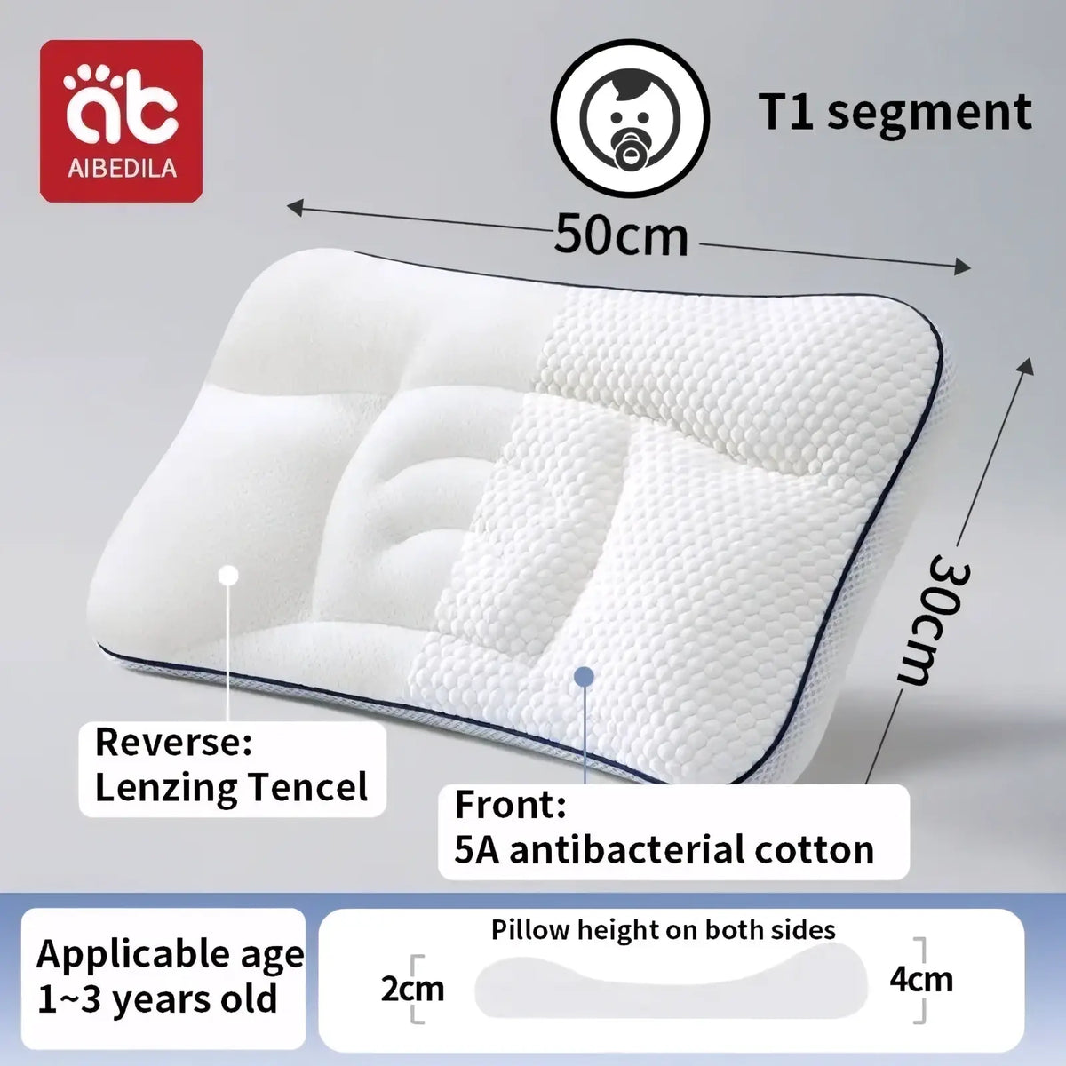 White aibedila orthopedic toddler neck pillow with textured antibacterial cotton front and lenzing tencel reverse for ages 1-3 years