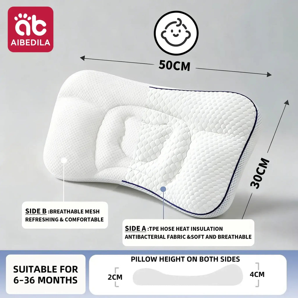 White aibedila orthopedic toddler neck pillow with contoured design featuring breathable mesh and antibacterial tpe fabric