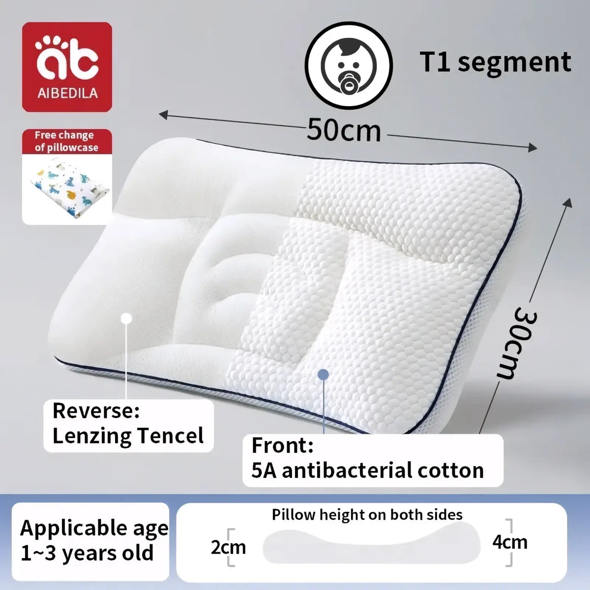 Aibedila orthopedic toddler neck pillow white with textured antibacterial cotton front and lenzing tencel back for ages 1-3