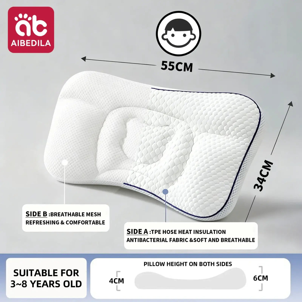 Aibedila orthopedic toddler neck pillow white memory foam with contoured design breathable mesh and antibacterial fabric