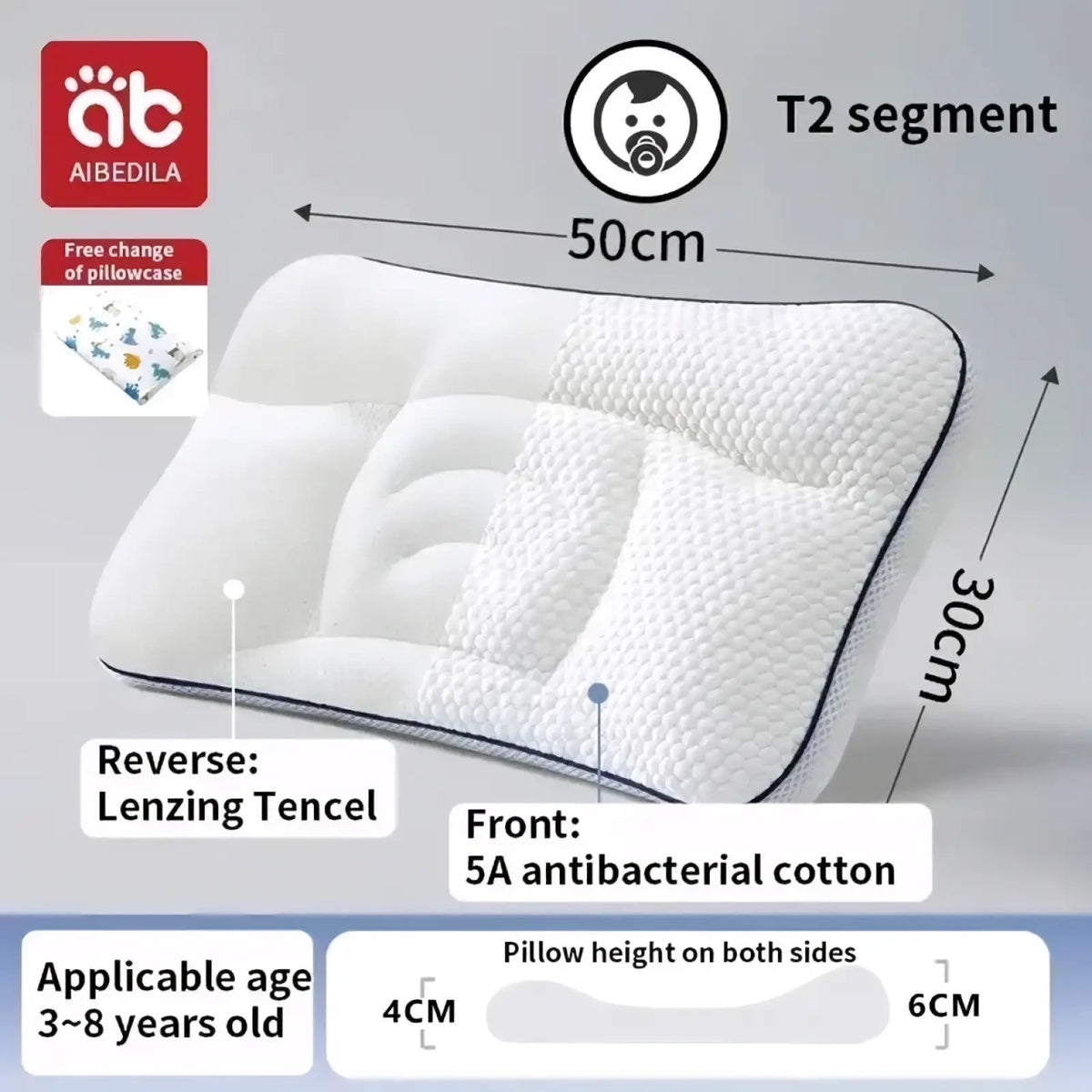 Aibedila orthopedic toddler neck pillow white t2 segment with antibacterial cotton front and lenzing tencel back for ages 3-8 years