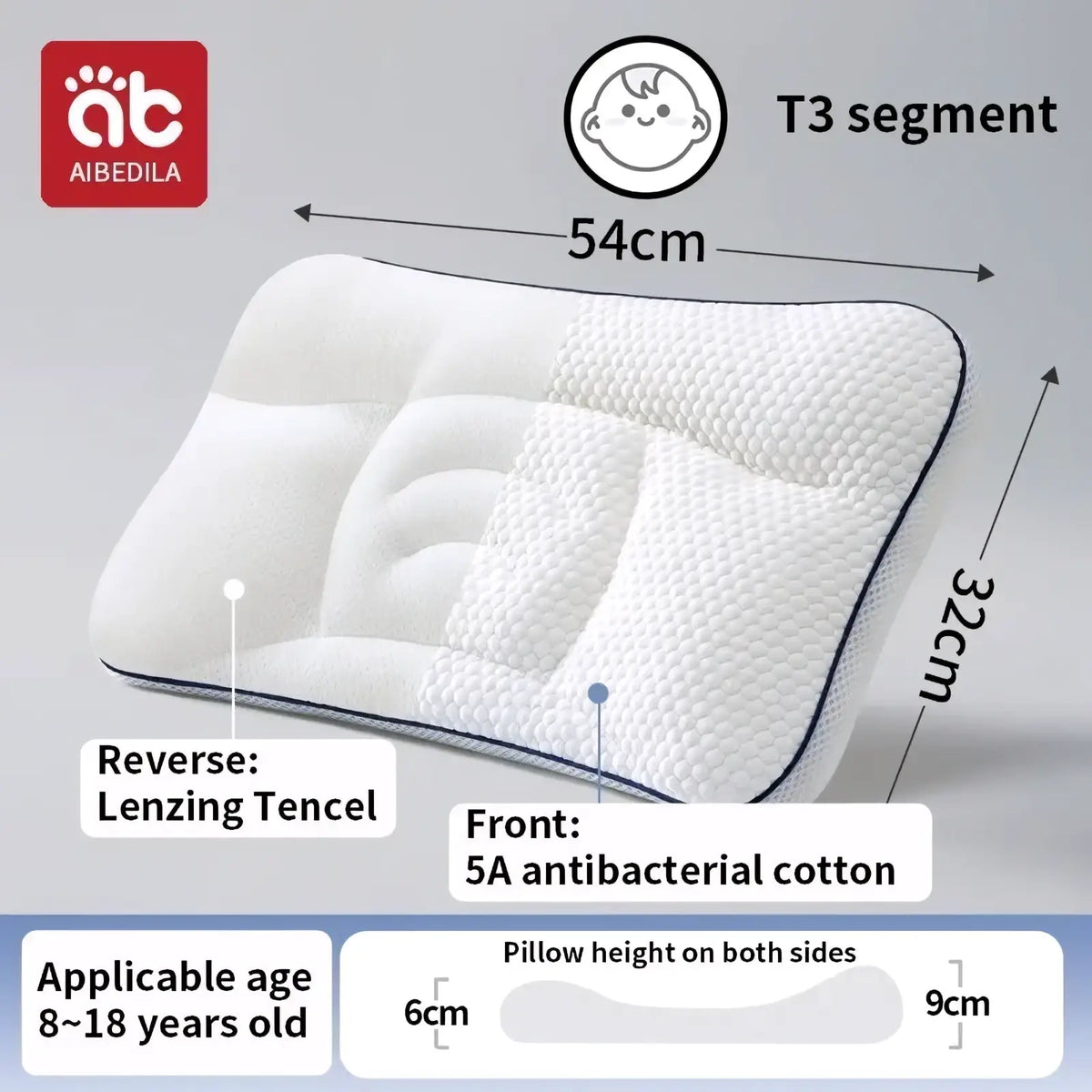 White Aibedila orthopedic toddler neck pillow with textured front 5a antibacterial cotton and lenzing tencel back