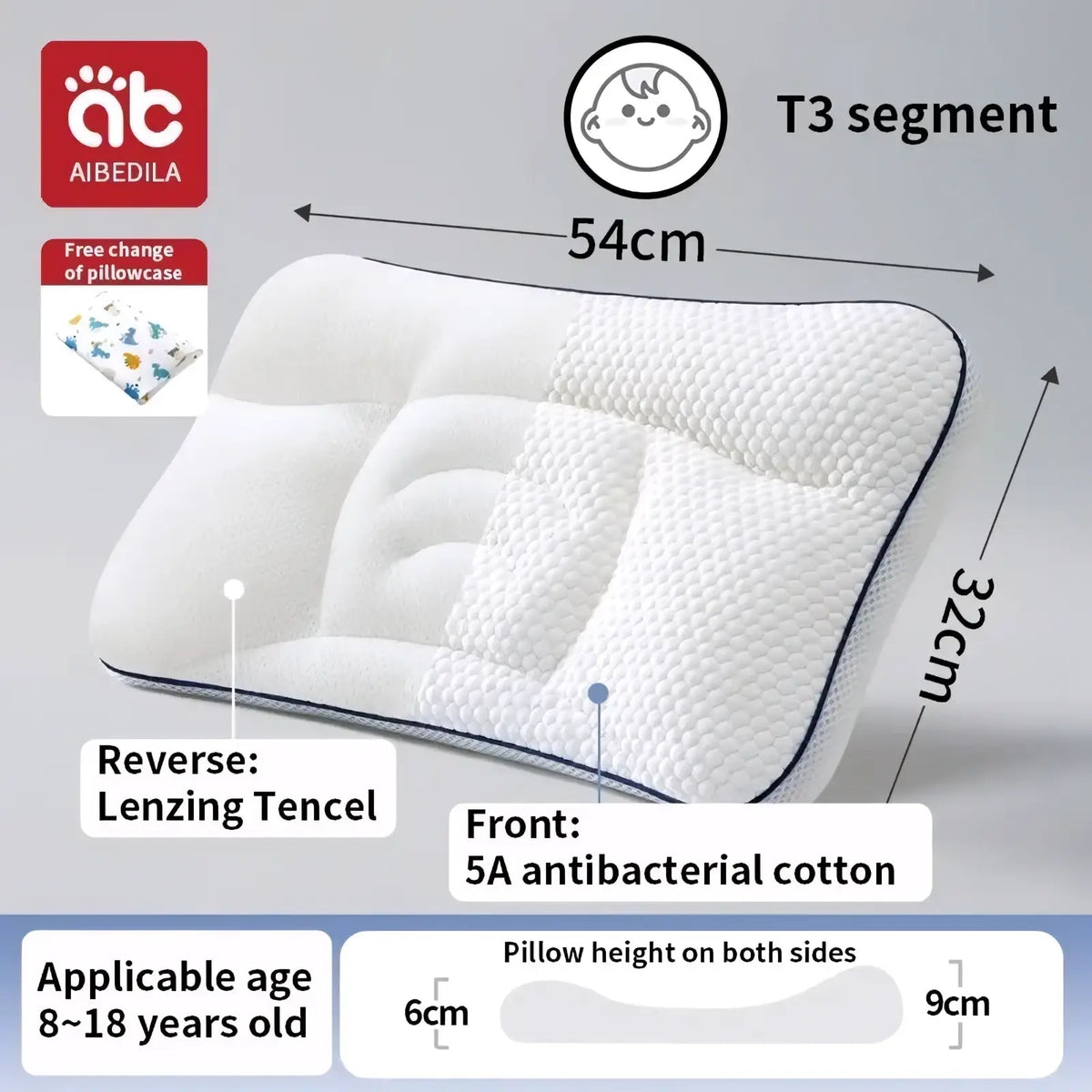 Aibedila orthopedic toddler neck pillow white t3 segment with antibacterial cotton front and lenzing tencel back for ages 8-18