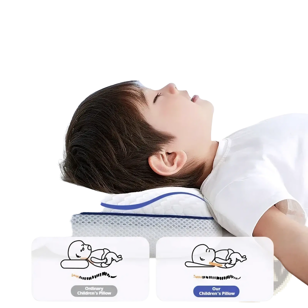 Aibedila orthopedic toddler neck pillow with white fabric, blue curved design, and mesh side panel for spinal care