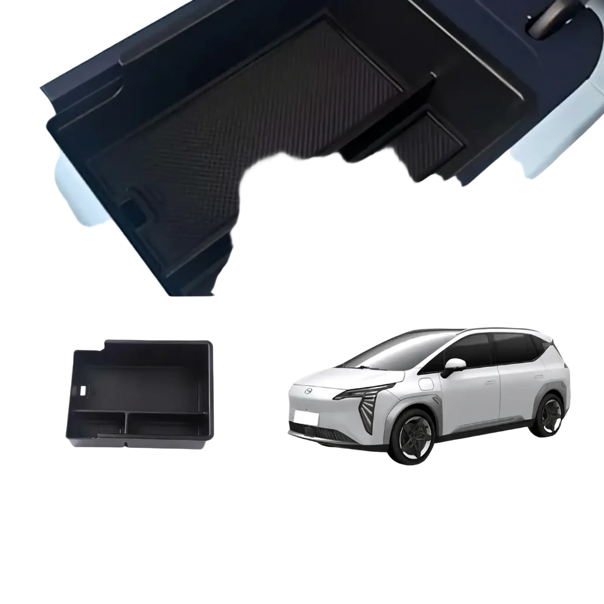 Black plastic aion y plus center console organizer with textured interior compartments for armrest storage