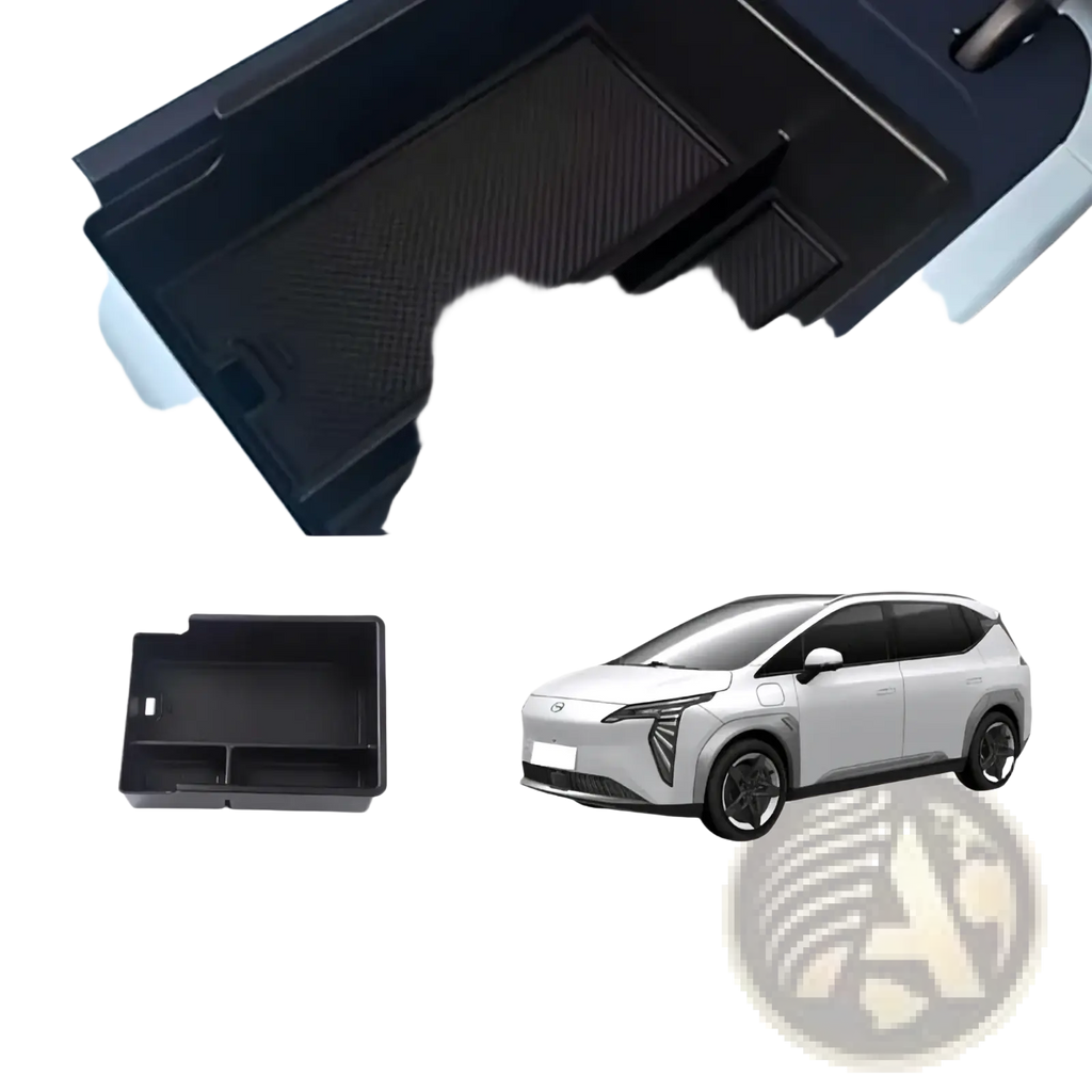 Black plastic aion y plus center console organizer with textured interior compartments for armrest storage