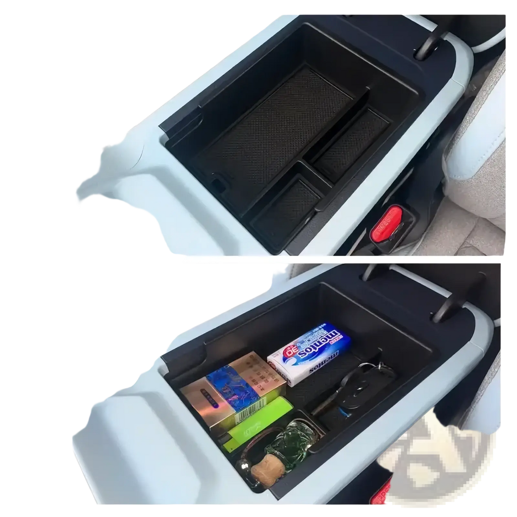 Aion y Plus center console organizer in black plastic with textured compartments and light gray trim for car interior