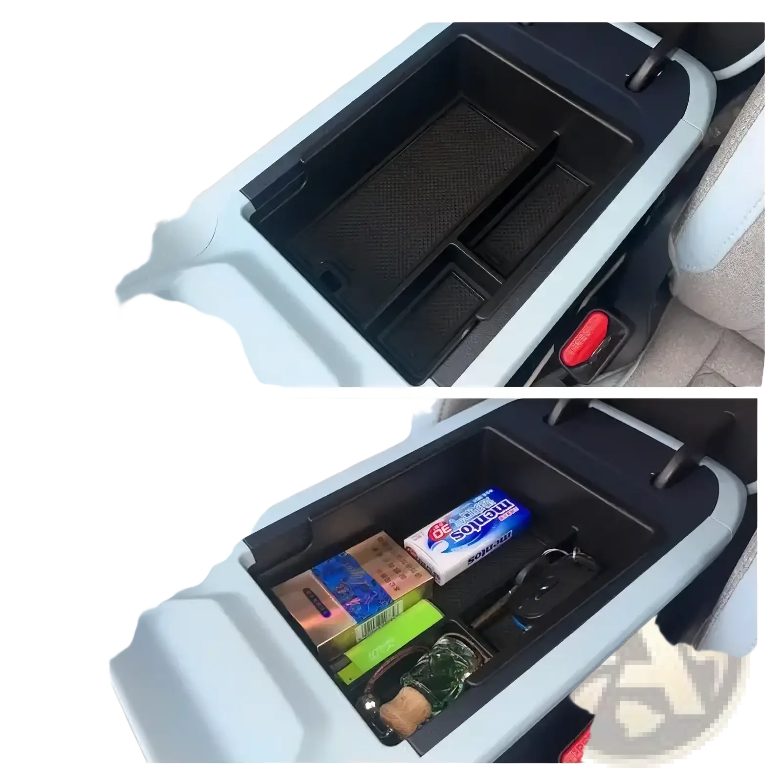 Aion y Plus center console organizer in black plastic with textured compartments and light gray trim for car interior