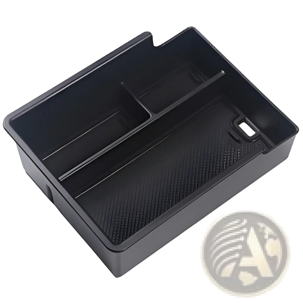 Black plastic Aion y Plus center console organizer with divided compartments and textured grip surface