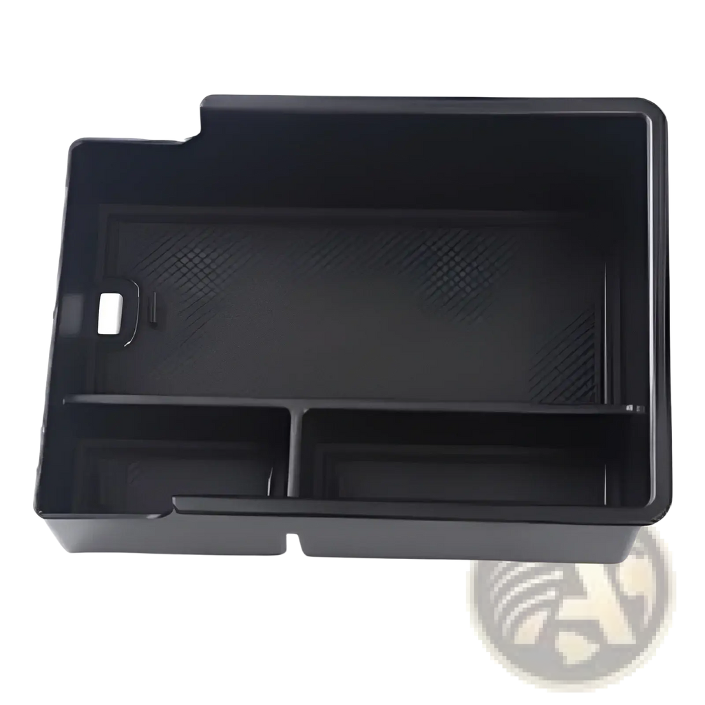 Black plastic Aion y Plus center console organizer tray with divided compartments and textured interior