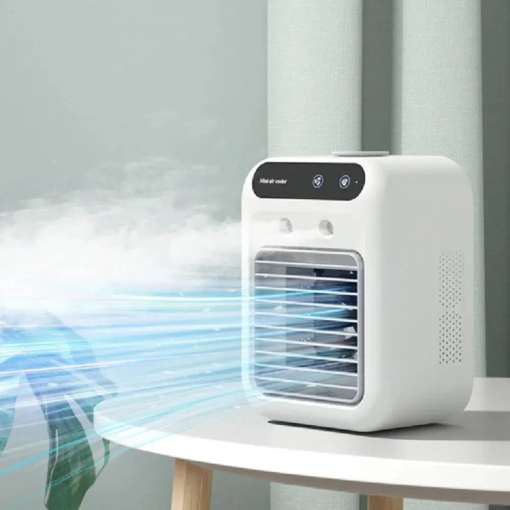 White portable mini evaporative air cooler and humidifier with sleek compact design and black control panel with two buttons