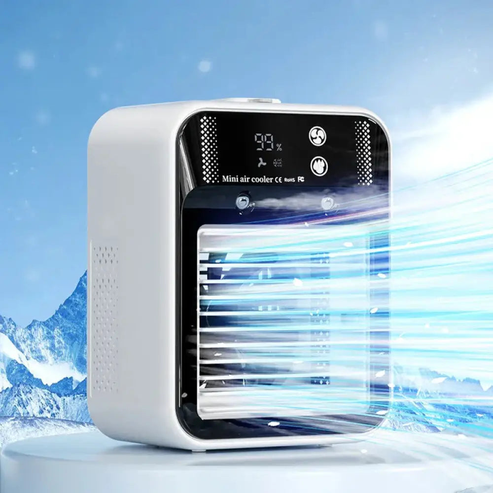 White portable mini evaporative air cooler and humidifier with black digital display showing 93 percent humidity and blue airflow