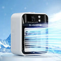 White portable mini evaporative air cooler and humidifier with black digital display showing 93 percent humidity and blue airflow