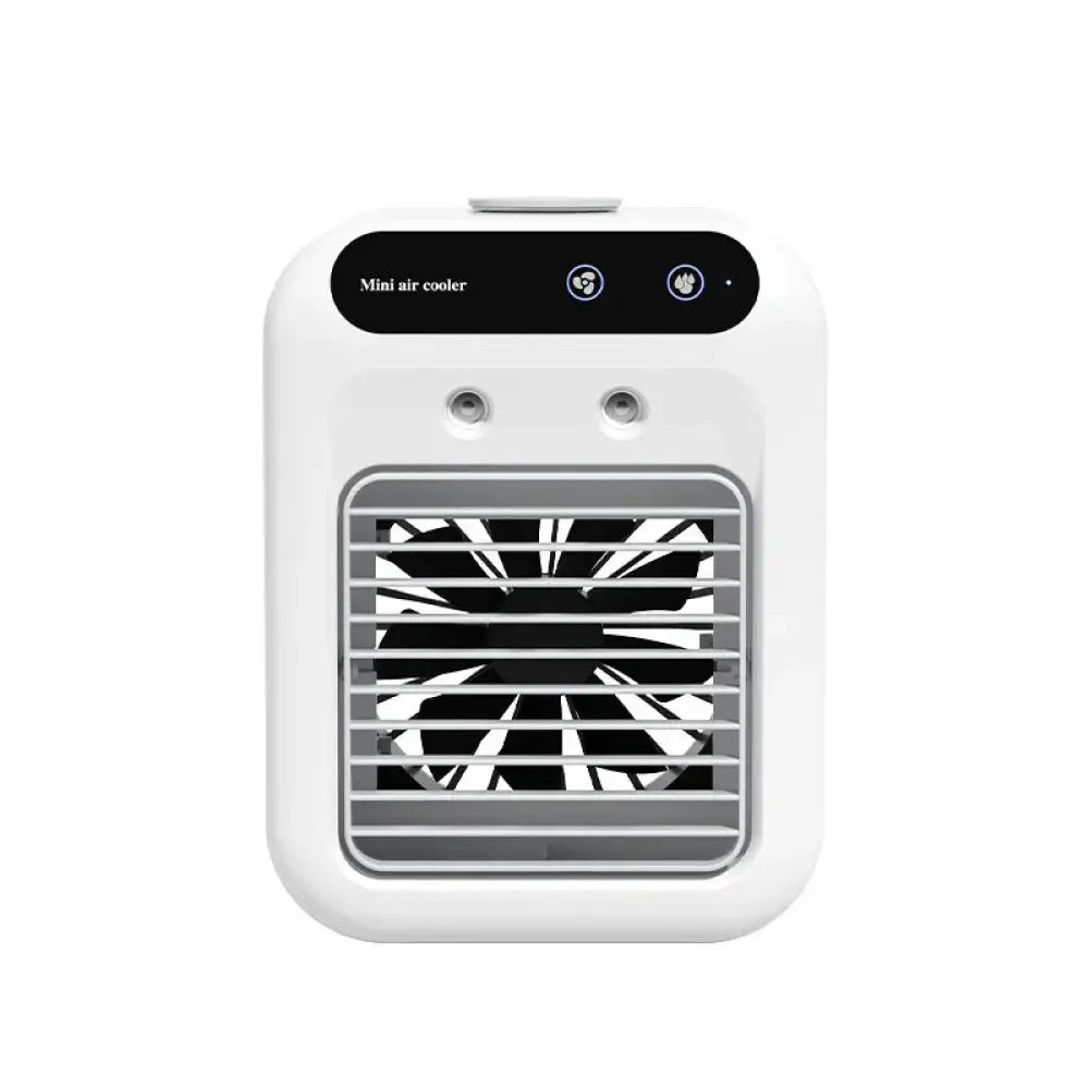 Portable mini evaporative air cooler and humidifier in white with black control panel and silver fan grille