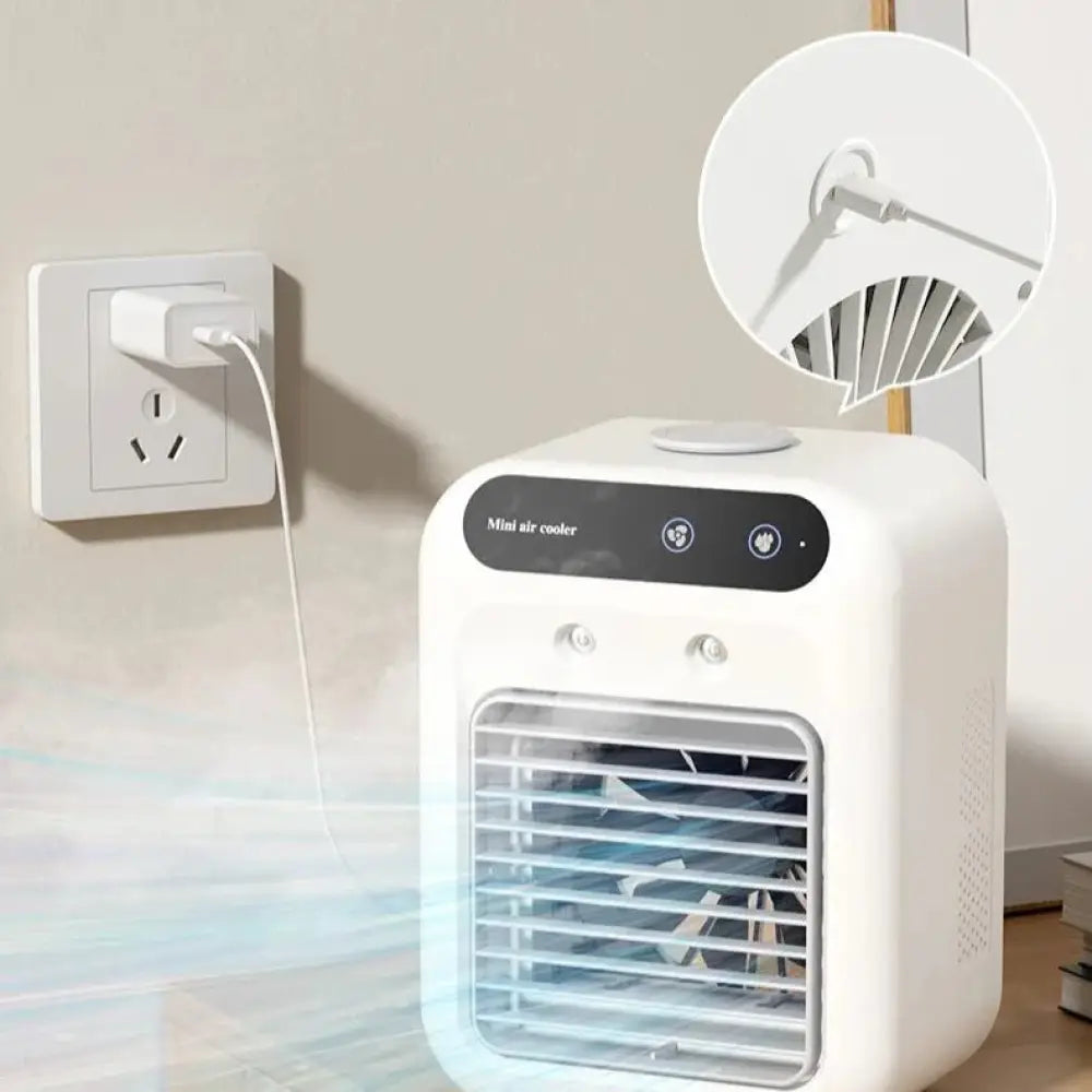 White portable mini evaporative air cooler and humidifier with a sleek rectangular design and black control panel