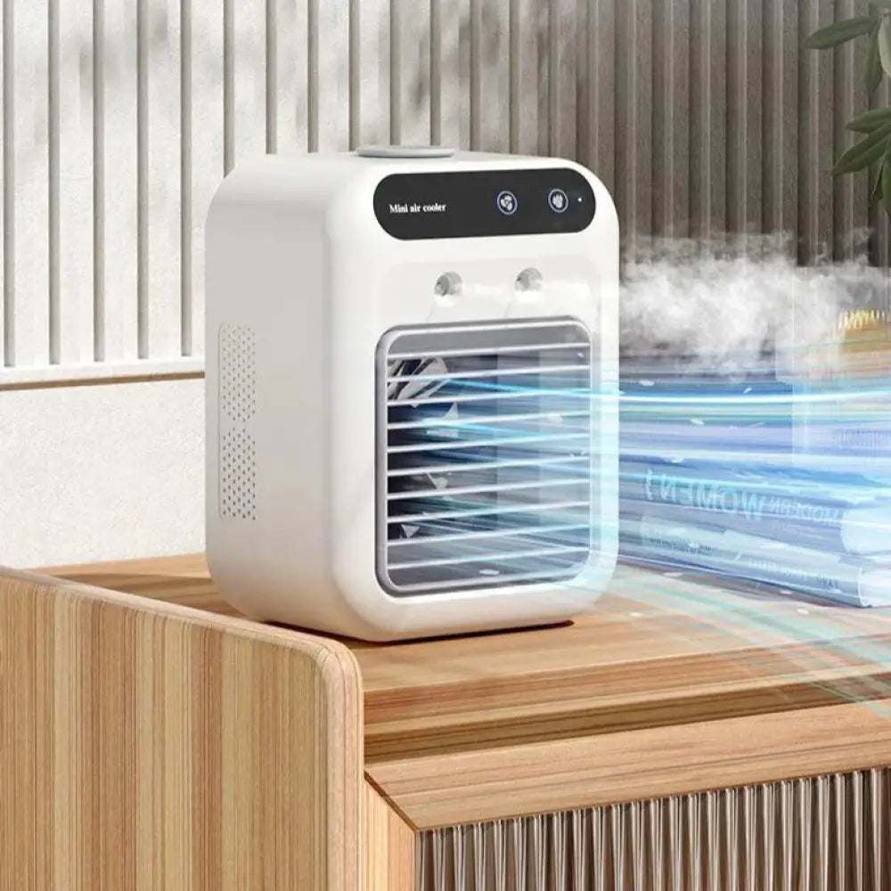 White portable mini evaporative air cooler and humidifier with sleek rectangular design and black control panel displaying mini air cooler text