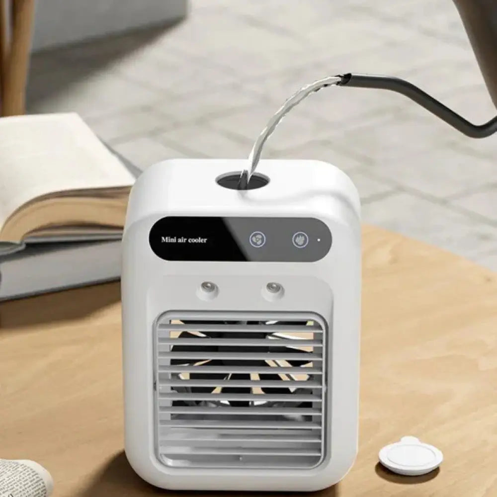 White portable mini evaporative air cooler and humidifier with sleek rectangular design and digital control panel