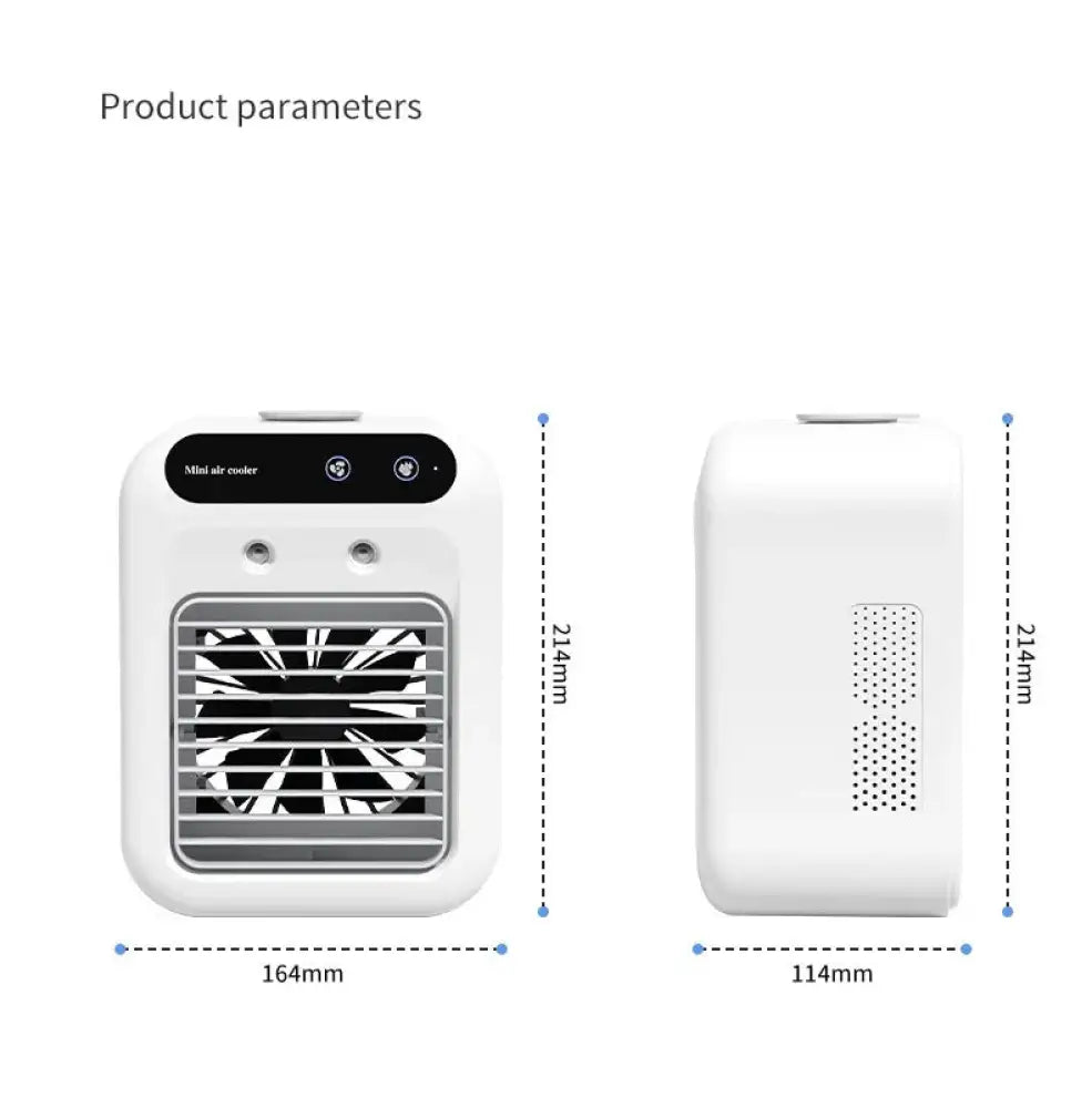 Portable mini evaporative air cooler and humidifier in white with a black control panel and grille compact rectangular design
