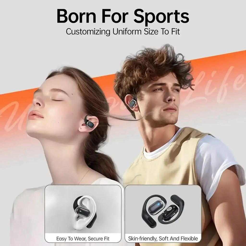Black and white air conduction ear hook headphones with ergonomic design and charging case for secure in-ear wear