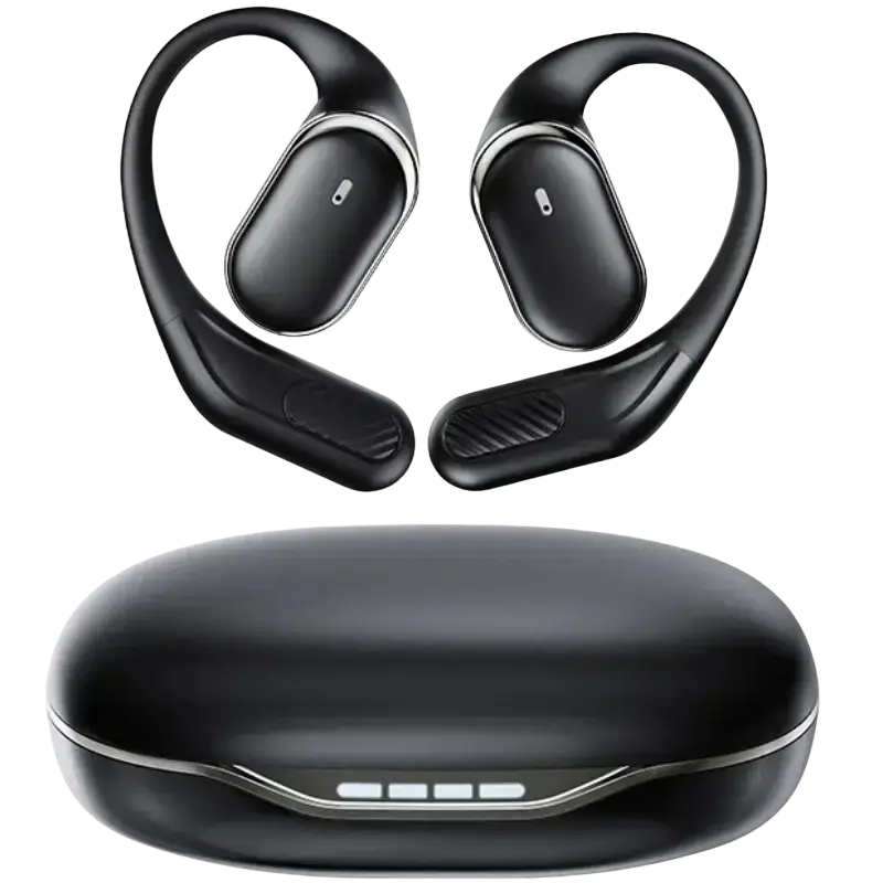 Black air conduction ear hook headphones with sleek charging case and ergonomic ear hook design for secure fit