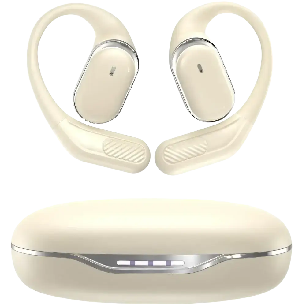 Cream-colored air conduction ear hook headphones with sleek curved hooks and metallic accents on charging case