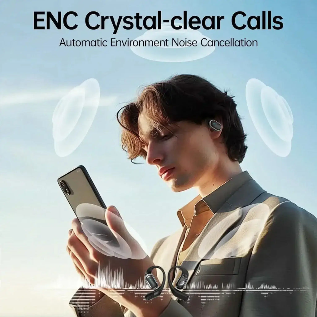Silver ear hook headphones with automatic noise cancellation and charging case for wireless air conduction use