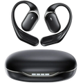 Black air conduction ear hook wireless earbuds with silver accents and matching charging case for charging case charging