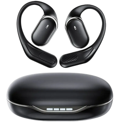 Black air conduction ear hook wireless earbuds with silver accents and matching charging case for charging case charging