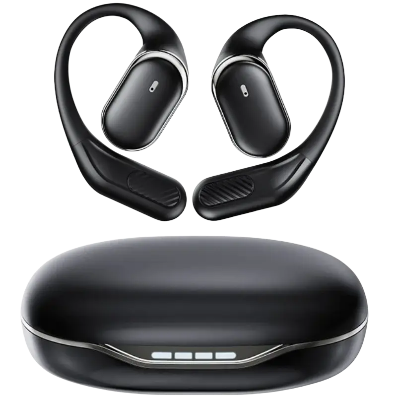 Black air conduction ear hook wireless earbuds with silver accents and matching charging case for charging case charging