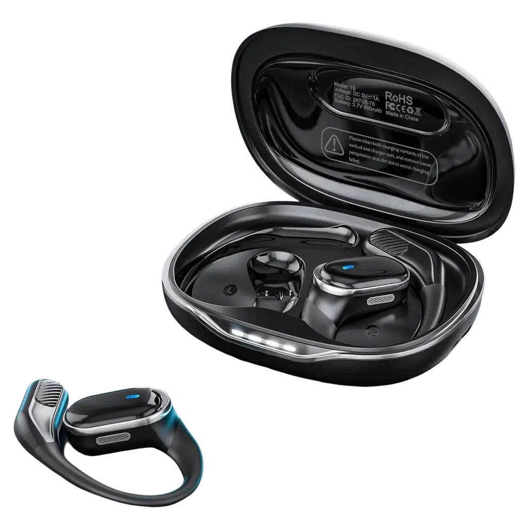 Black air conduction ear hook wireless earbuds with silver accents nestled in glossy black charging case charging