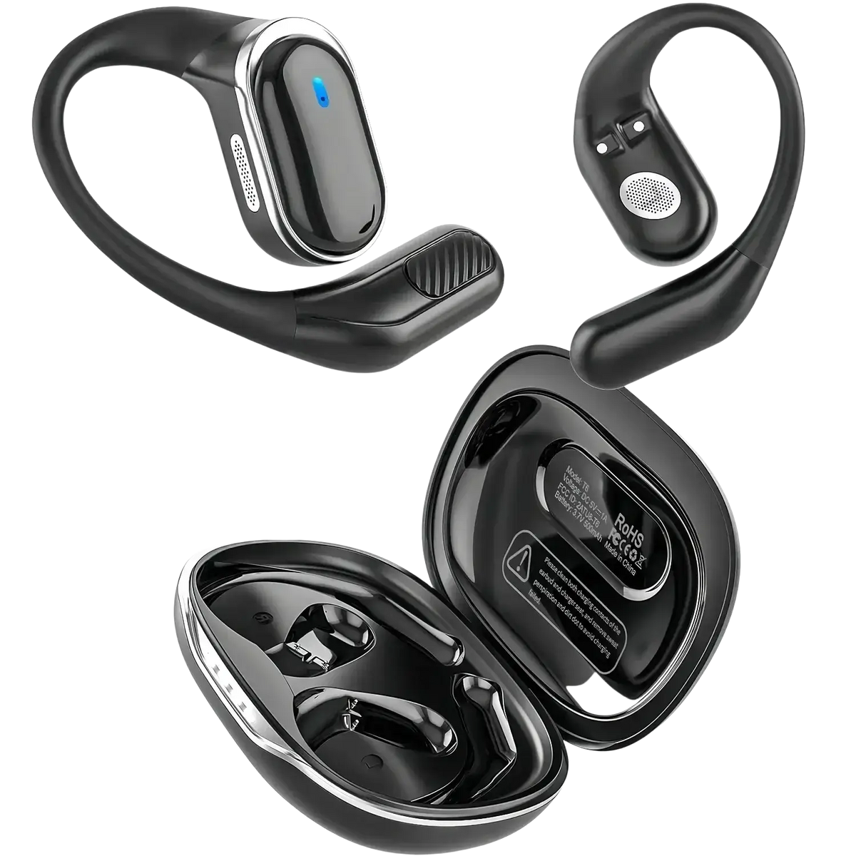 Black wireless earbuds with ergonomic ear hook design and silver accents on charging case with charging functionality