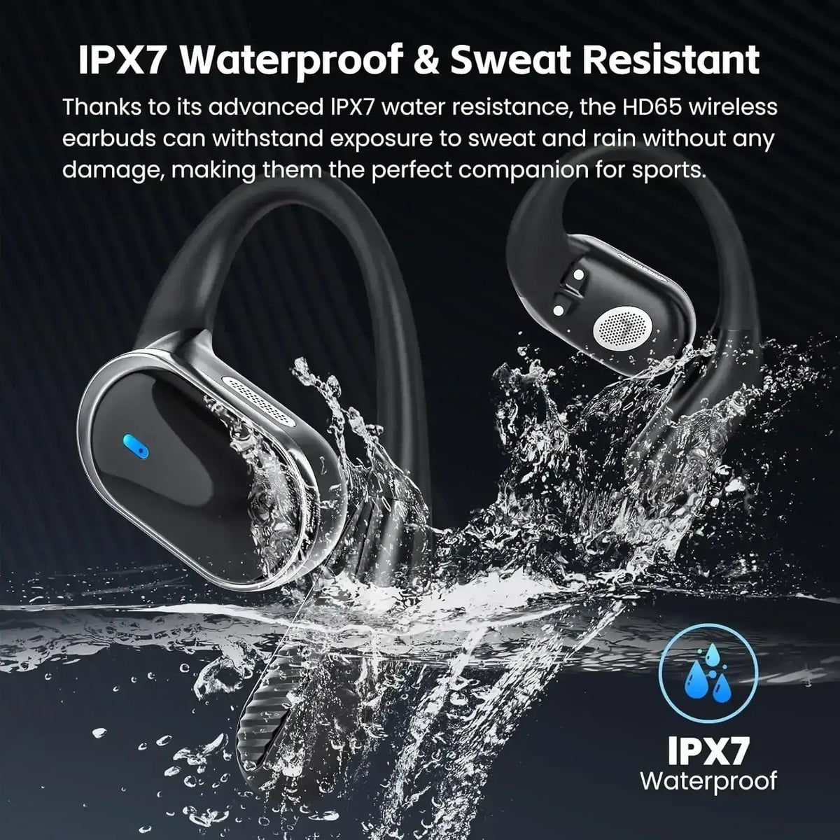 Black and silver hd65 wireless earbuds with ear hook design and charging case for secure fit and charging case charging