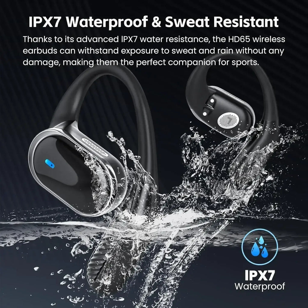 Black and silver hd65 wireless earbuds with ear hook design for sports use and compact charging case charging feature