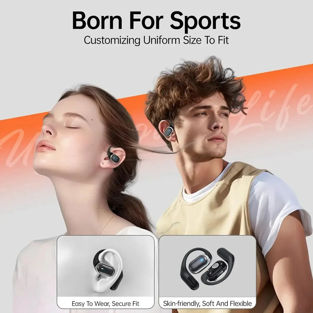 Black and white air conduction ear hook wireless earbuds with ergonomic design and charging case for secure wear